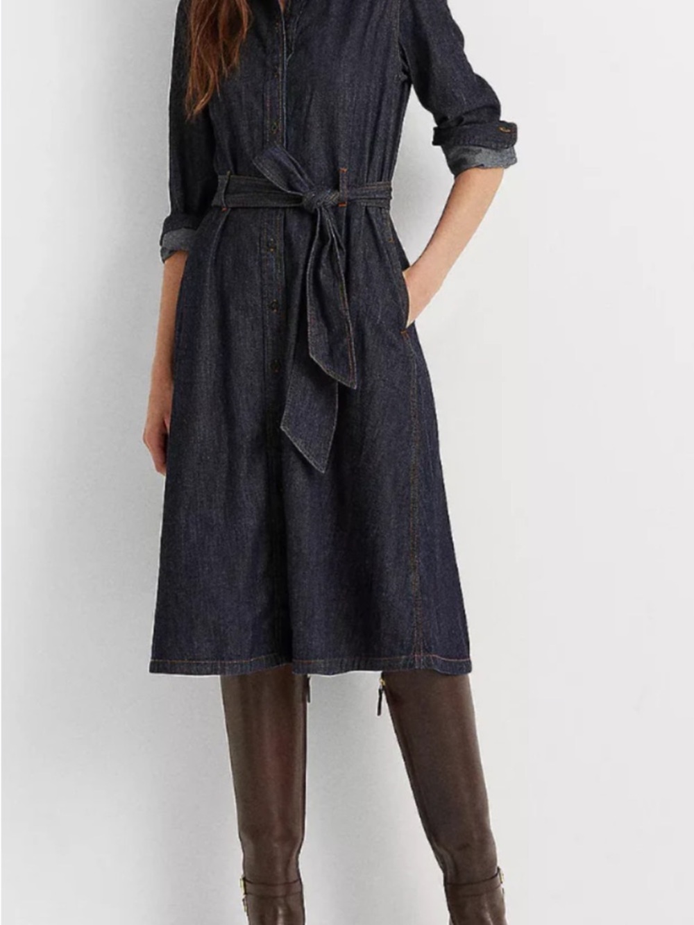 Ralph Lauren Dark Indigo Denim Midi Shirt Dress with Waist Tie